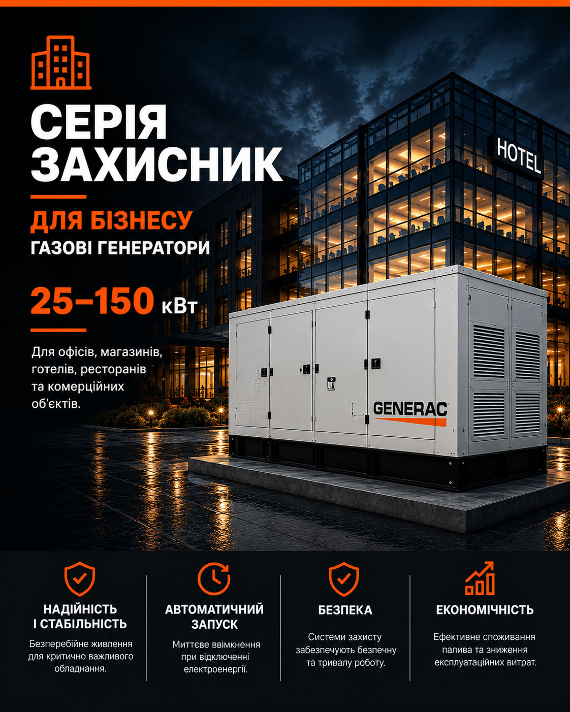 Генератори GENERAC Protector для бізнесу